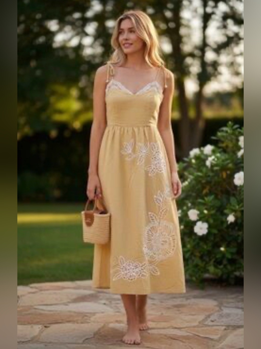 Caroline Constas Yellow Eyelet Tie-Shoulder Midi Linen dress